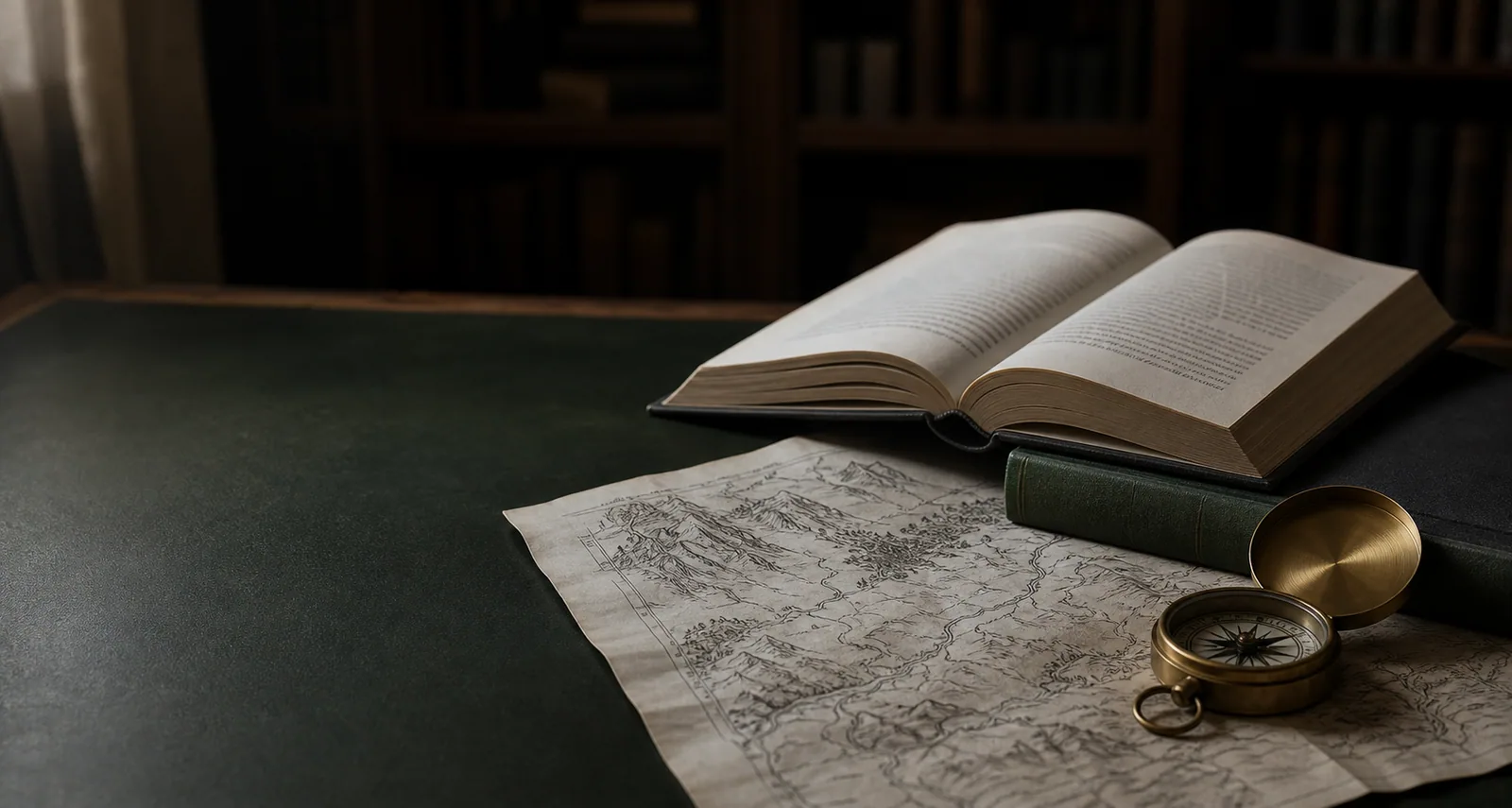 An open fantasy novel beside a map and brass compass on a library table